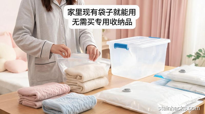 场景：卧室桌面，主体动作：女生把叠好的羊绒衫装进普通密封塑料袋，旁边摆放家用收纳箱和真空压缩袋，风格：清新明亮生活化，关键元素：配文字标注「家里现有袋子就能用 无需买专用收纳品」，突出低成本、方便