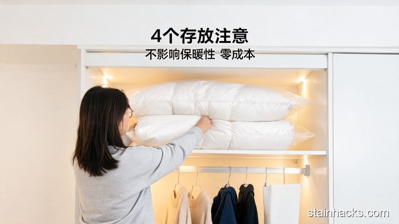 居家衣柜内部场景，普通人将套了塑料袋的羽绒被放在衣柜最上层，旁边没有樟脑丸等化学物品，风格清新明亮生活化，配有文字标注「4个存放注意 不影响保暖性 零成本」