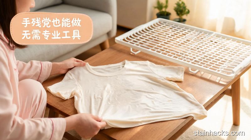 场景：客厅茶几桌面，主体动作：女生轻轻拉扯浸泡好的纯棉衣服边角调整到原本尺寸，旁边放着镂空晾衣架准备平铺阴干，风格：温馨生活化，关键元素：有&ldquo;手残党也能做 无需专业工具&rdquo;的文字标注