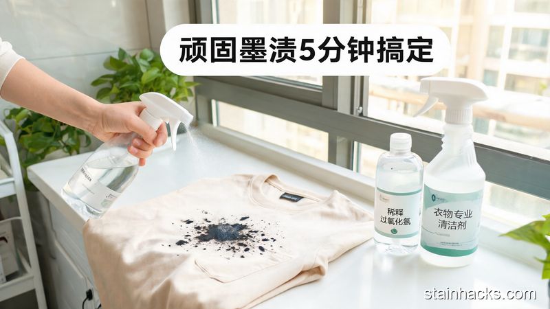 场景:家用洗衣台,放着沾了干透旧墨渍的上衣,旁边摆着稀释后的过氧化氢、衣物专业清洁剂,主体动作:手往污渍上喷清洁剂,风格:清新明亮生活化,关键元素:标注文字「顽固墨渍5分钟搞定」,突出高效便捷