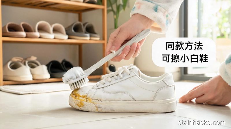 场景:家门口鞋架旁,主体动作:用旧牙刷蘸牙膏刷小白鞋鞋边的黄渍,旁边配文字标注「同款方法可擦小白鞋」,风格:清新明亮、生活化,关键词:多用、方便
