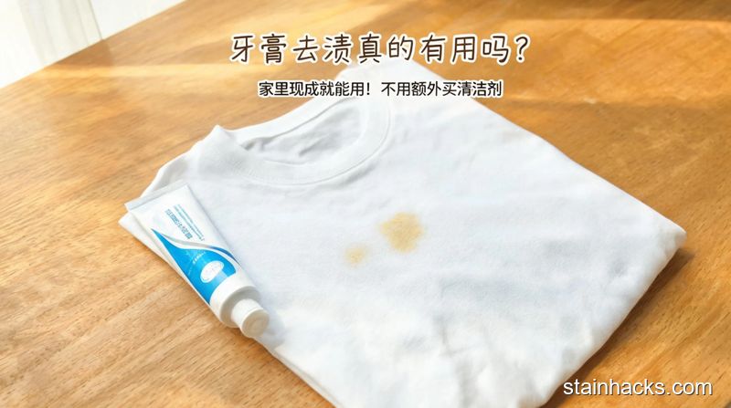 清新明亮生活化场景，桌面摆着沾了小油渍的白T恤、家用普通亮白牙膏，旁边配文字标注&ldquo;牙膏去渍真的有用吗？&rdquo;，突出低成本、无需额外买清洁用品的特点，风格亲民接地气
