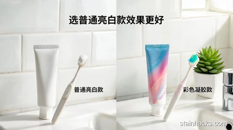 清新明亮生活化场景，画面展示亮白牙膏和彩色凝胶牙膏的对比，旁边配文字标注&ldquo;选普通亮白款效果更好&rdquo;，风格轻松生活化
