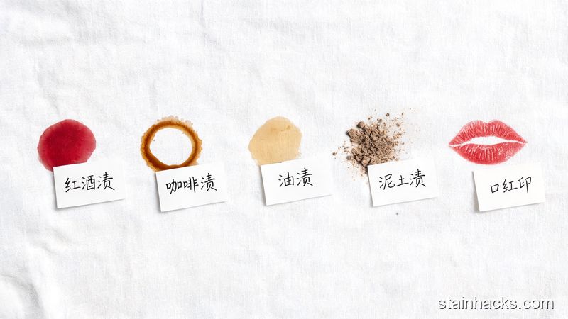 白色棉布上展示多种污渍样本：咖啡、油渍、红酒、泥土、化妆品