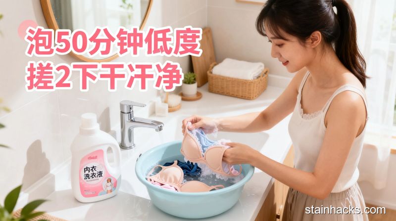 清新明亮生活化场景，女生在自家洗手台清洗内衣，旁边放着1瓶内衣洗衣液，盆里的内衣泡着，旁边配文字标注「泡5分钟搓2下就干净」，突出快手方便、低成本清洁的特点