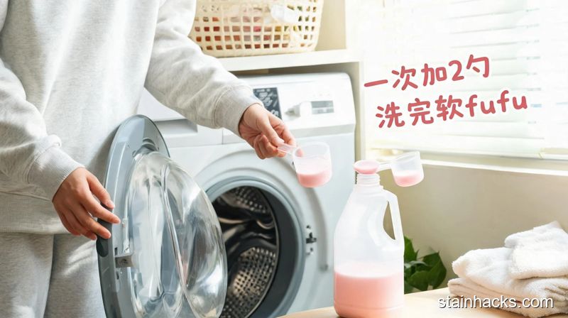 清新明亮生活化风格,家用洗衣机旁场景,普通人正往洗衣机里舀2勺自制柔顺剂,旁边配文字标注「一次加2勺 洗完软fufu」,突出使用方便无复杂步骤