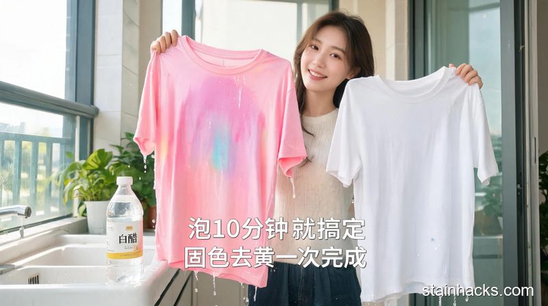 清新明亮生活化场景，洗衣台边，用户拎着刚用白醋泡过的鲜亮彩色T恤和无黄渍的白T恤，露出轻松满意的表情，图片配文字「泡10分钟就搞定 固色去黄一次完成」，突出低成本高效清洁