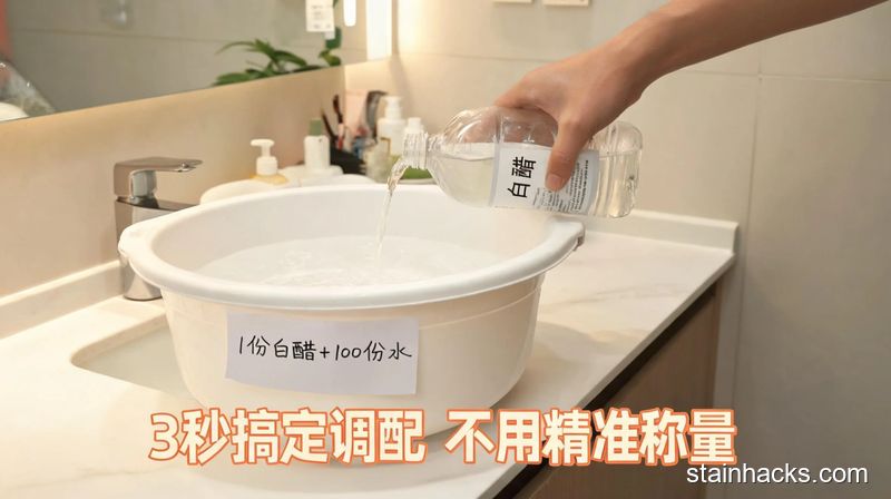清新明亮生活化场景，居家洗手台边，普通人随手往装了清水的洗衣盆里倒白醋，盆边贴着手写便签写着「1份白醋+100份水」，图片配文字「3秒搞定调配 不用精准称量」，风格轻松日常，突出快手操作