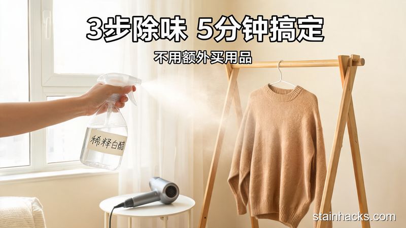 居家客厅窗边，手拿着装了稀释白醋的喷壶对着挂着的毛衣轻喷，旁边放着普通家用吹风机，有醒目标注文字「3步除味 5分钟搞定」「不用额外买用品」
