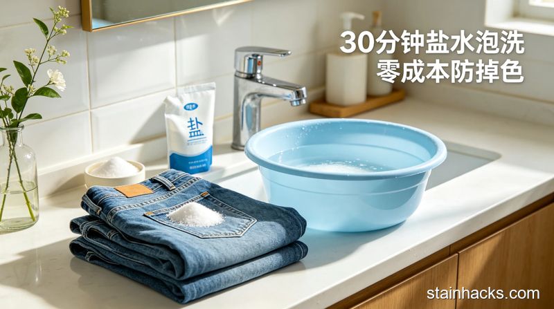 清新明亮生活化风格,普通家庭洗衣场景,人物拿着白醋往放了牛仔裤的水盆里倒,旁边标注“家里常备材料就能用”,突出低成本无负担