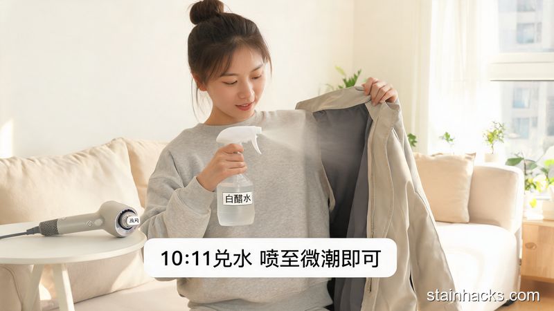 场景：居家客厅沙发旁，主体：女生手持装了白醋水的喷壶，轻轻喷外套内侧，旁边放着调至冷风档的吹风机，风格：清新明亮、生活化，关键元素：配文字标注&ldquo;10:1兑水 喷至微潮即可&rdquo;，突出无操作门槛