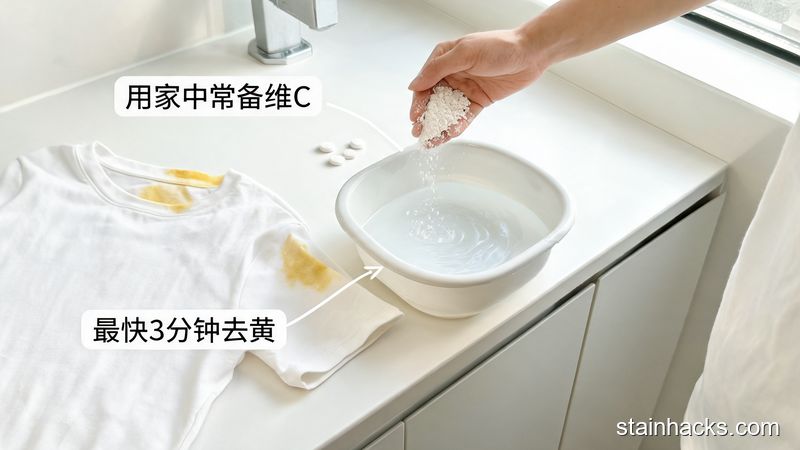 场景：居家洗手台，主体动作：手把碾碎的维C片倒进装了60℃温水的小盆里，旁边放着带黄渍的白T恤，风格：清新明亮生活化，关键元素：带有「最快3分钟去黄」「用家中常备维C」文字标注，突出低成本快手操作