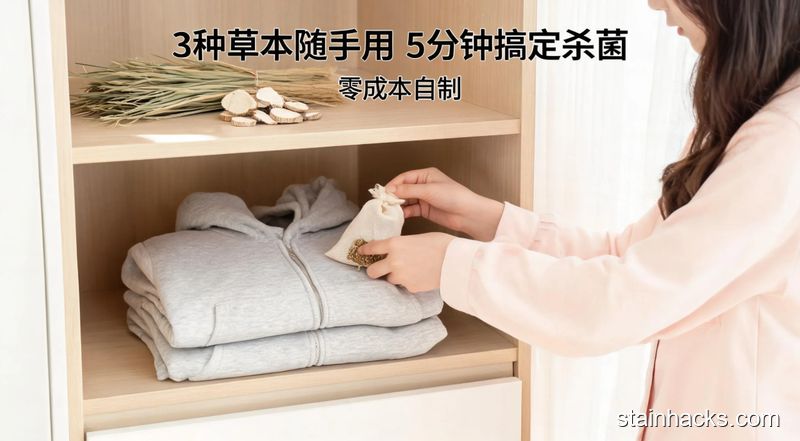 清新明亮生活化卧室衣柜场景，女生正把装了干薄荷、丁香的小棉布袋塞进叠好的卫衣口袋，衣柜层板上摆着干菖蒲、白芷块，图片配文字「3种草本随手用 5分钟搞定杀菌」，突出无需额外花钱