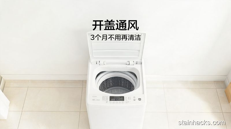 洗完衣服后的家用洗衣机，洗衣机盖子敞开着，周围无多余物品，风格清新明亮生活化，标注开盖通风 3个月不用再清洁