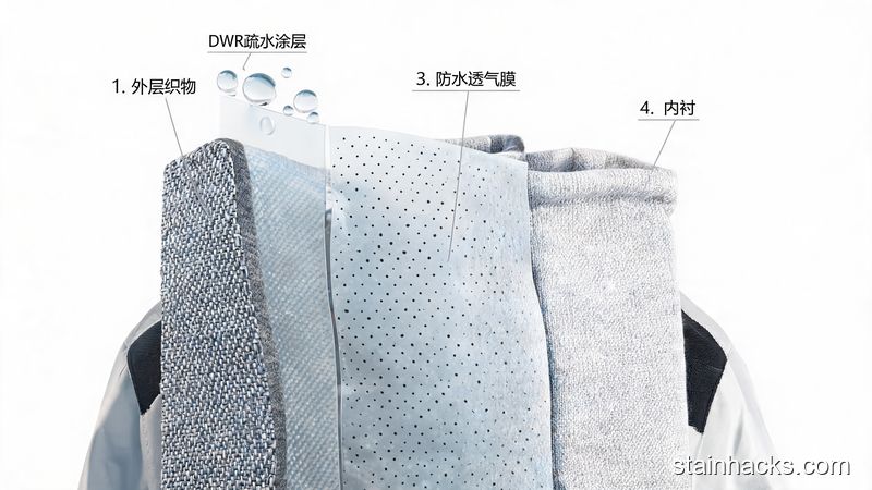 冲锋衣防水透气膜与DWR涂层结构3D示意图