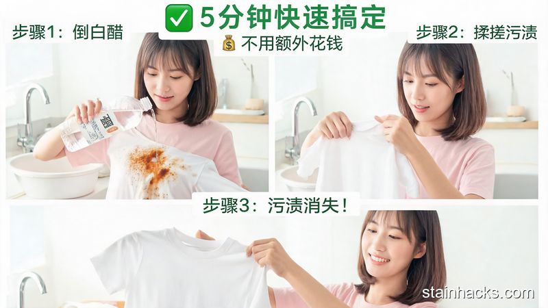 女生拿着普通食用白醋往衣服铁锈渍上倒并揉搓，风格：清新明亮生活化，主体动作：3步清洁动作分步演示，关键元素：标注文字「5分钟快速搞定」「不用额外花钱」，突出简单快手