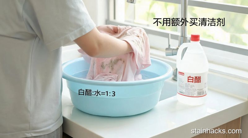 清新明亮生活化风格，居家洗衣台场景，普通人将带霉味的短袖放进兑了白醋的清水盆中，旁边摆放普通家用白醋瓶，水盆上标注「白醋:水=1:3」字样，角落加「不用额外买清洁剂」文字标注，突出简单快手