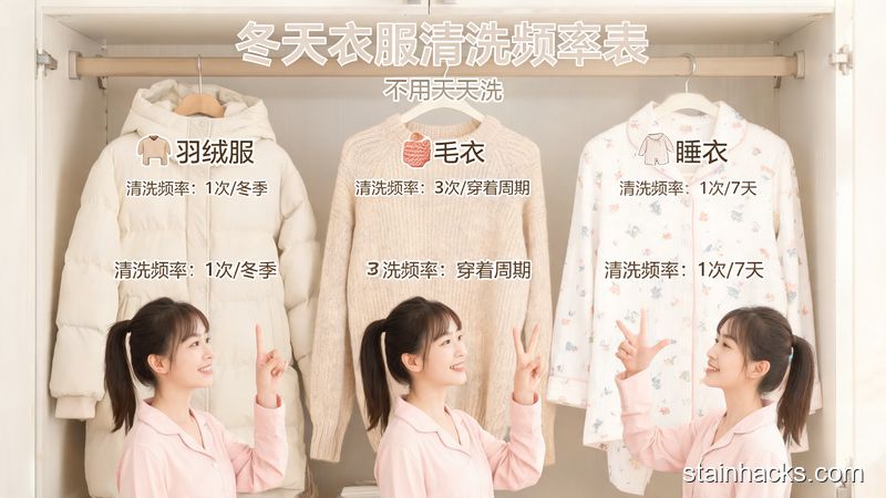 居家卧室衣柜前，女生对着羽绒服、毛衣、睡衣三款冬天衣物分别比出1、3、7的手势，有醒目标注文字「冬天衣服清洗频率表」「不用天天洗」