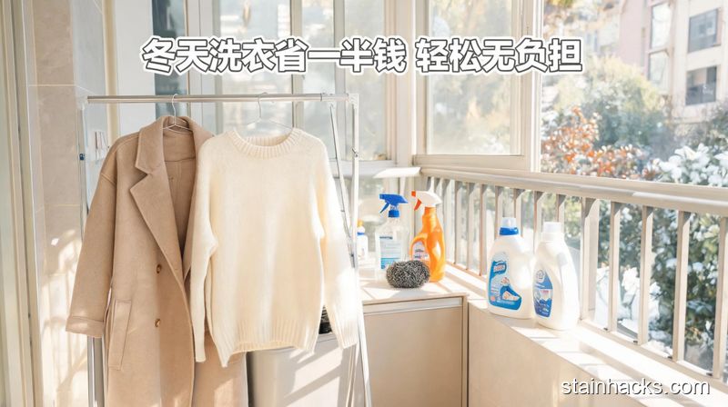 场景：居家阳台晾晒场景，主体：干净的大衣、毛衣挂在晾衣架上，旁边摆着几样厨房清洁物品和闲置的专业衣物洗剂瓶子，风格：清新明亮生活化，关键元素：画面加文字标注「冬天洗衣省一半钱 轻松无负担」