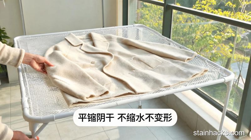 场景：居家南向阳台，主体动作：手将冲净泡沫的羊毛大衣平铺放在晾衣网上，风格：清新明亮生活化，关键元素：配文字标注「平铺阴干 不缩水不变形」，突出操作简单