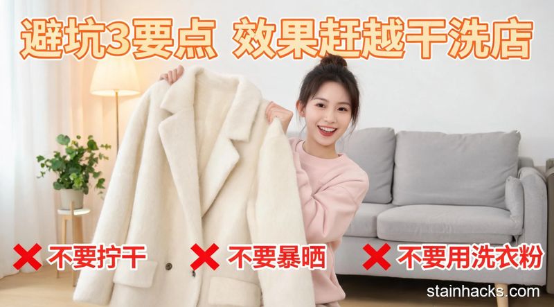 场景：居家沙发旁，主体动作：女生举着洗后蓬松柔软的羊毛大衣开心展示，旁边用红色叉号标注「不要拧干、不要暴晒、不要用洗衣粉」3个错误做法，风格：清新明亮生活化，关键元素：配文字标注「避坑3要点 效果赶超干洗店」，突出效果好