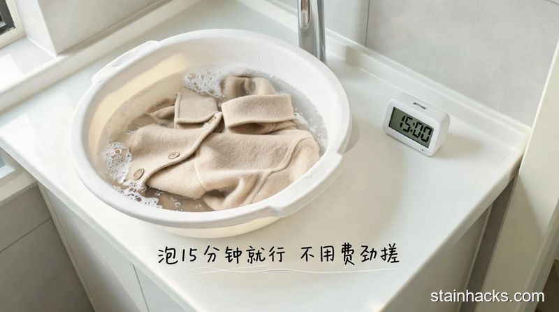 场景：居家卫生间洗手台，主体动作：将羊毛大衣放进混有洗发水的清水盆中浸泡，旁边摆放15分钟倒计时小闹钟，风格：清新明亮生活化，关键元素：配文字标注「泡15分钟就行 不用费劲搓」，突出轻松省力