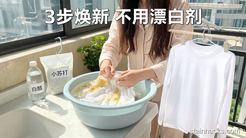 场景：阳台洗衣池旁放着一盆泡了发黄白T恤的温水，旁边摆着白醋和小苏打，人正在简单搓洗衣物；风格：清新明亮生活化；关键元素：带有文字标注&ldquo;3步焕新 不用漂白剂&rdquo;，突出洗完洁白不伤衣的效果