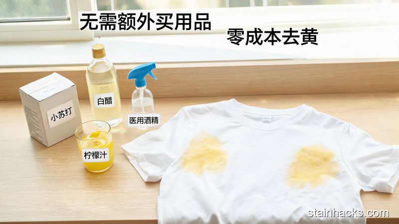 家用桌面场景，摆放小苏打、白醋、柠檬汁、医用酒精等常见家用物品，旁边放一件腋下发黄的白色T恤，风格清新明亮生活化，标注文字「无需额外买用品」「零成本去黄」