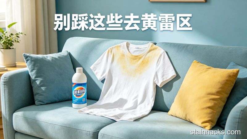场景：客厅沙发上放着一件腋下明显发黄的白T恤，旁边摆着一瓶强漂白剂，配文字「别踩这些去黄雷区」，风格清新明亮生活化，突出轻松避坑、低成本