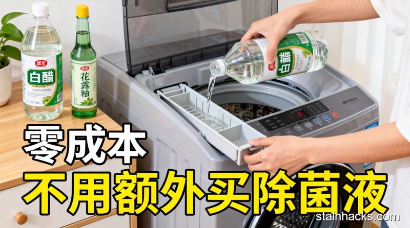场景是家用洗衣机旁，摆放白醋、花露水两瓶家中常备物品，普通人正往洗衣机料盒里倒白醋，风格清新明亮生活化，配&ldquo;零成本&rdquo;&ldquo;不用额外买除菌液&rdquo;文字标注，突出省钱方便