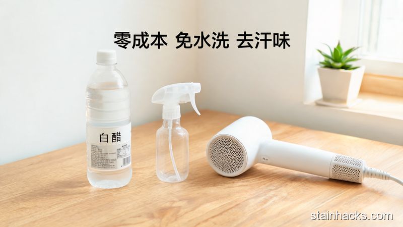 场景：居家原木风桌面，主体：摆放着普通食用白醋、塑料小喷壶、家用吹风机三样日常物品，风格：清新明亮、生活化，关键元素：配文字标注&ldquo;零成本 免水洗 去汗味&rdquo;，突出简单易操作