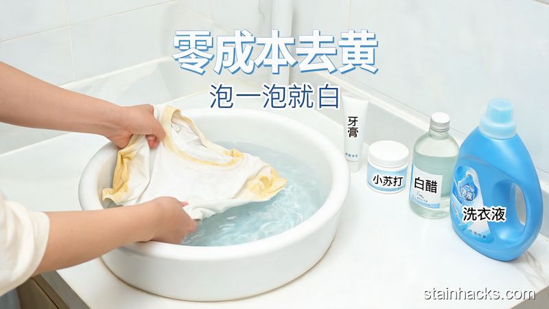 家庭卫生间洗手台场景，普通人把发黄的白T恤放进盛有温水的洗脸盆里，盆边放着常用的白色牙膏、小苏打、白醋、洗衣液，风格清新明亮生活化，画面上有「零成本去黄」「泡一泡就白」的文字标注，突出操作简单不用额外买东西